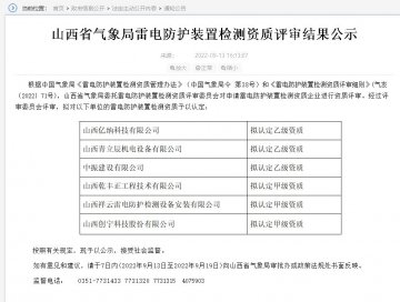 山西雷電防護裝置檢測資質(zhì)評審結(jié)果公示,3家單位升甲級資質(zhì)！